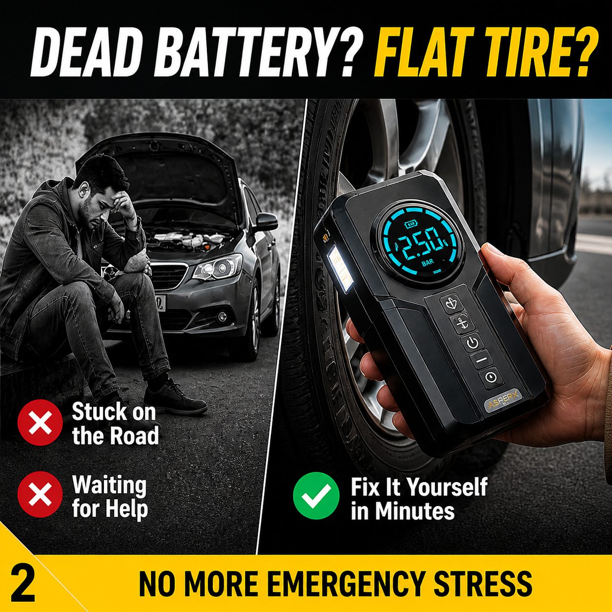 Portable four-in-one 6000 mAh emergency starter, digital power bank, 12V car starter with tire inflator