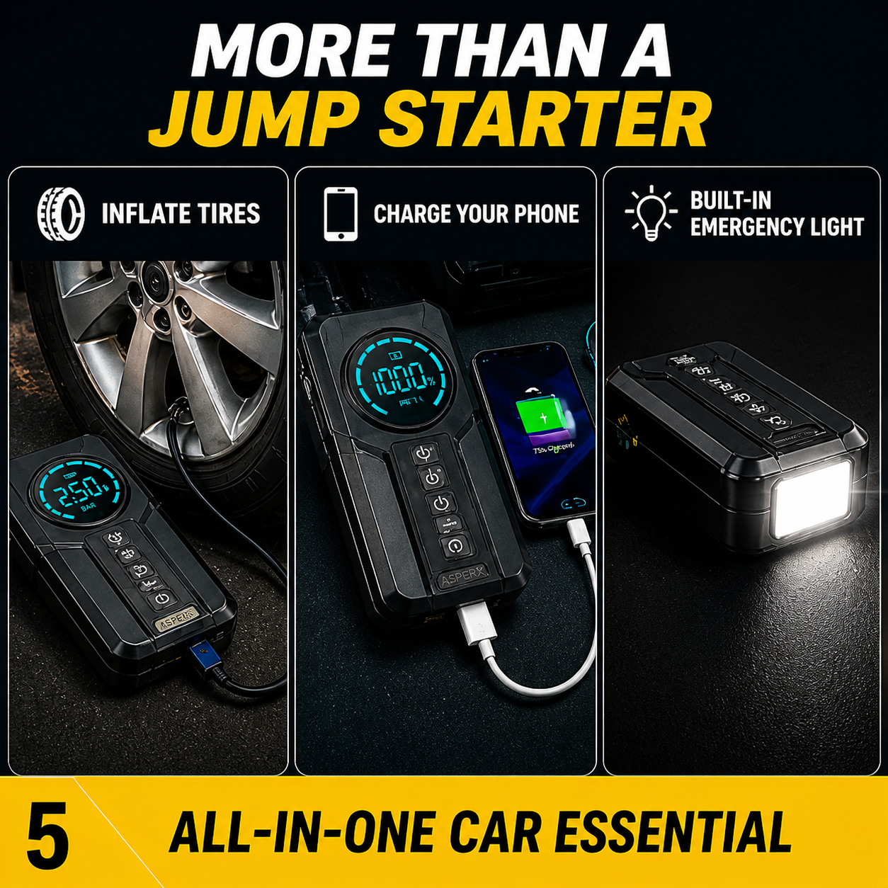 Portable four-in-one 6000 mAh emergency starter, digital power bank, 12V car starter with tire inflator