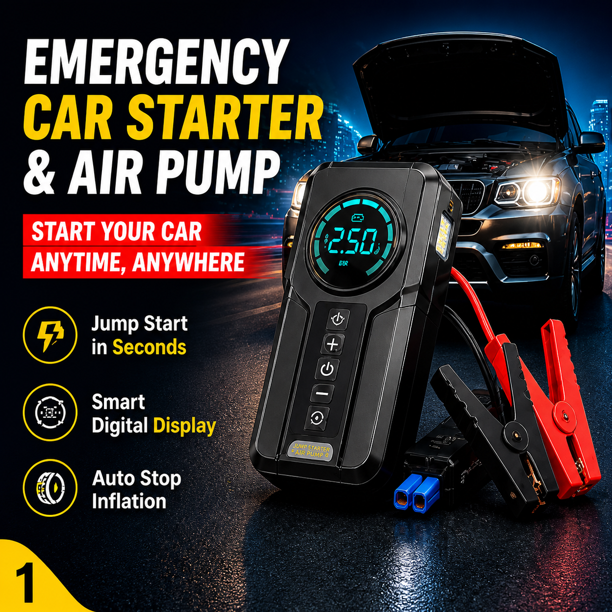 Portable four-in-one 6000 mAh emergency starter, digital power bank, 12V car starter with tire inflator
