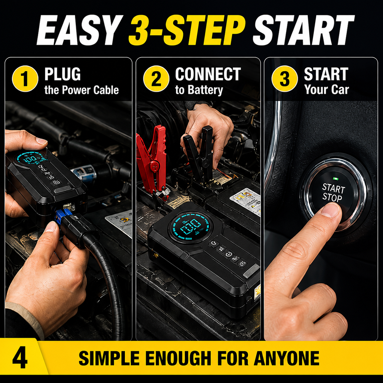 Portable four-in-one 6000 mAh emergency starter, digital power bank, 12V car starter with tire inflator